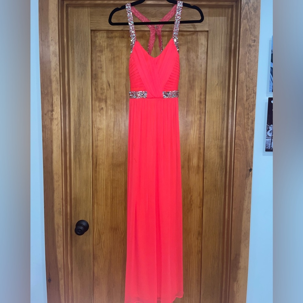 Peach straight gown with AB crystal detailing and a cross back strap
